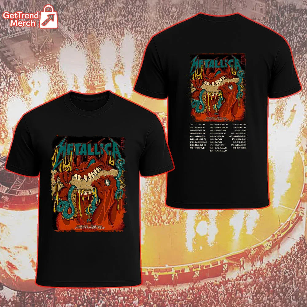 Metallica Concert Tour M72 World Tour May 12, 2025 Philadelphia, PA Lincoln Financial Field Monster Bite Official Band T-Shirt - Get Trend Merch